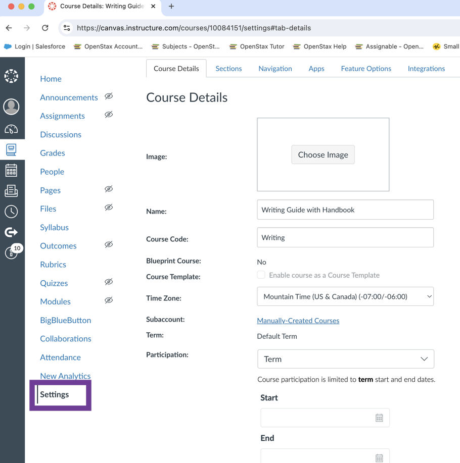 Settings in the Course