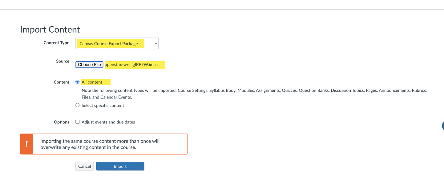 Select Content Type, File Selection, Content