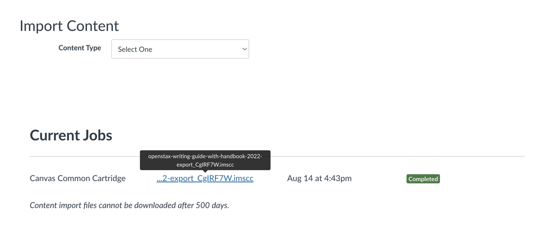 Completed Import of IMSCC file