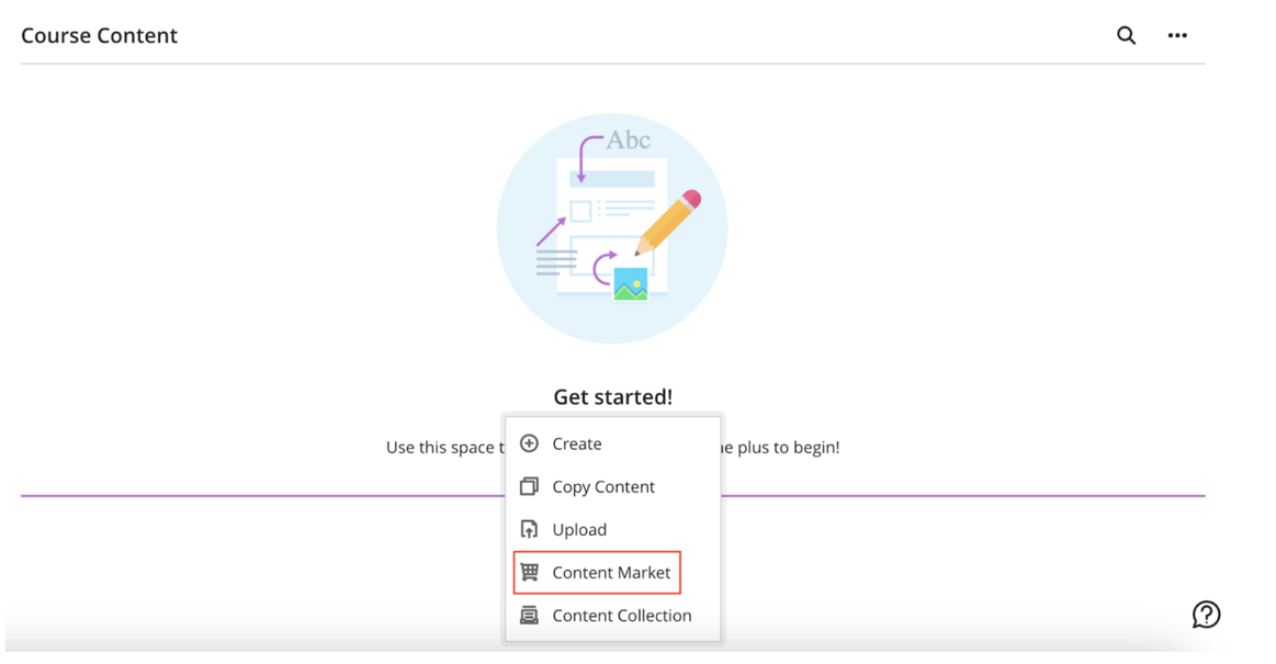 Blackboard course content area showing the add content menu with Content Market highlighted.