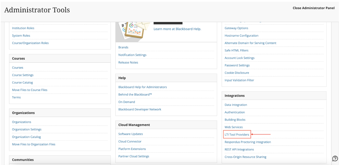 Blackboard Administrator Panel with the LTI Tool Providers option highlighted.