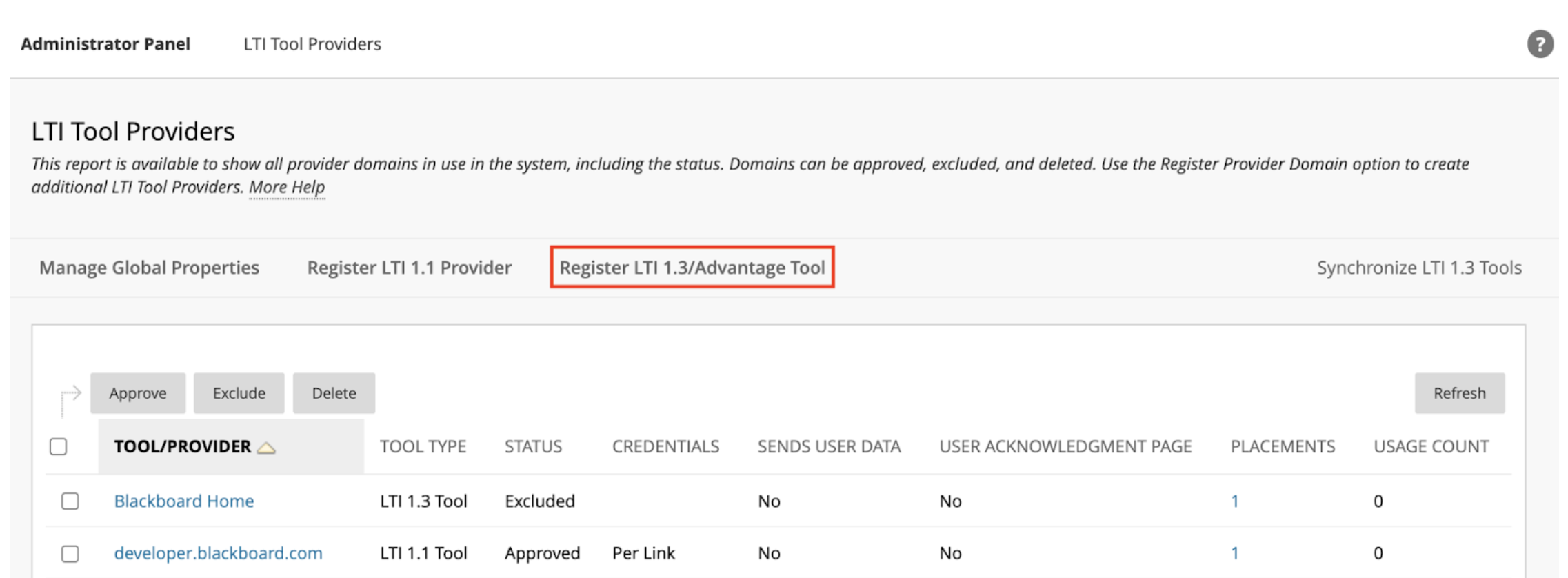 LTI Tool Providers page with the Register LTI 1.3/Advantage Tool button.