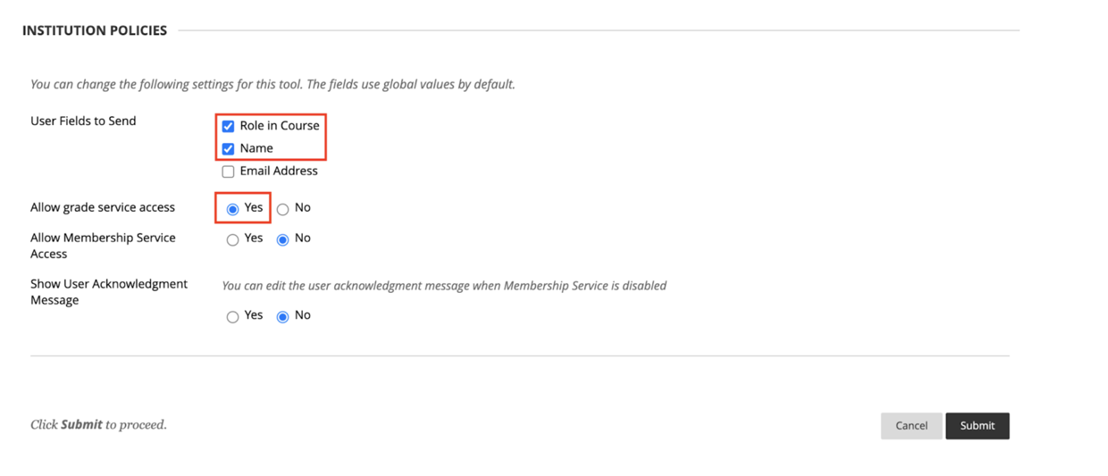 Tool settings showing Role in Course, user Name, and Allow grade service access options enabled.