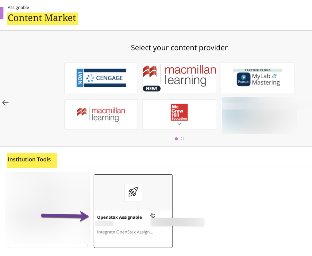 Choose Assignable in the Content Market in the Institutional Tools menu