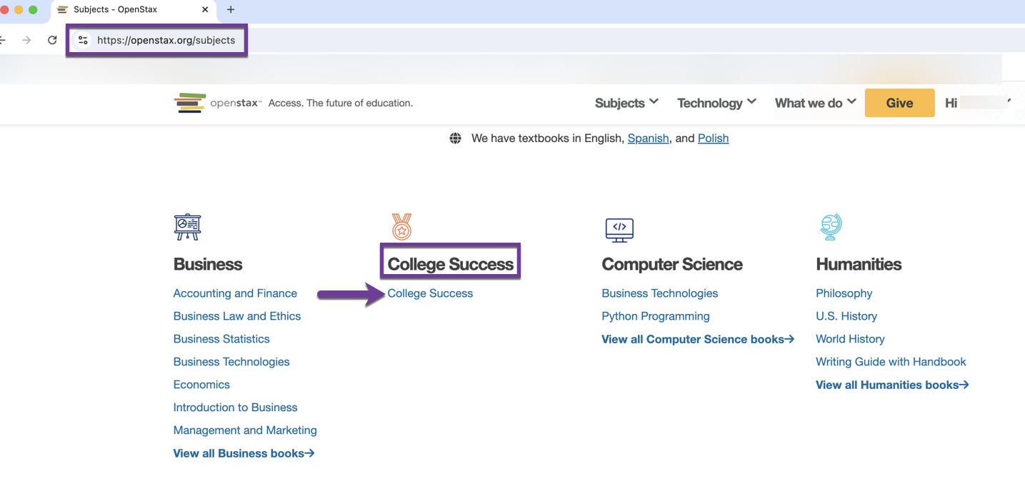 College Success on Subjects page