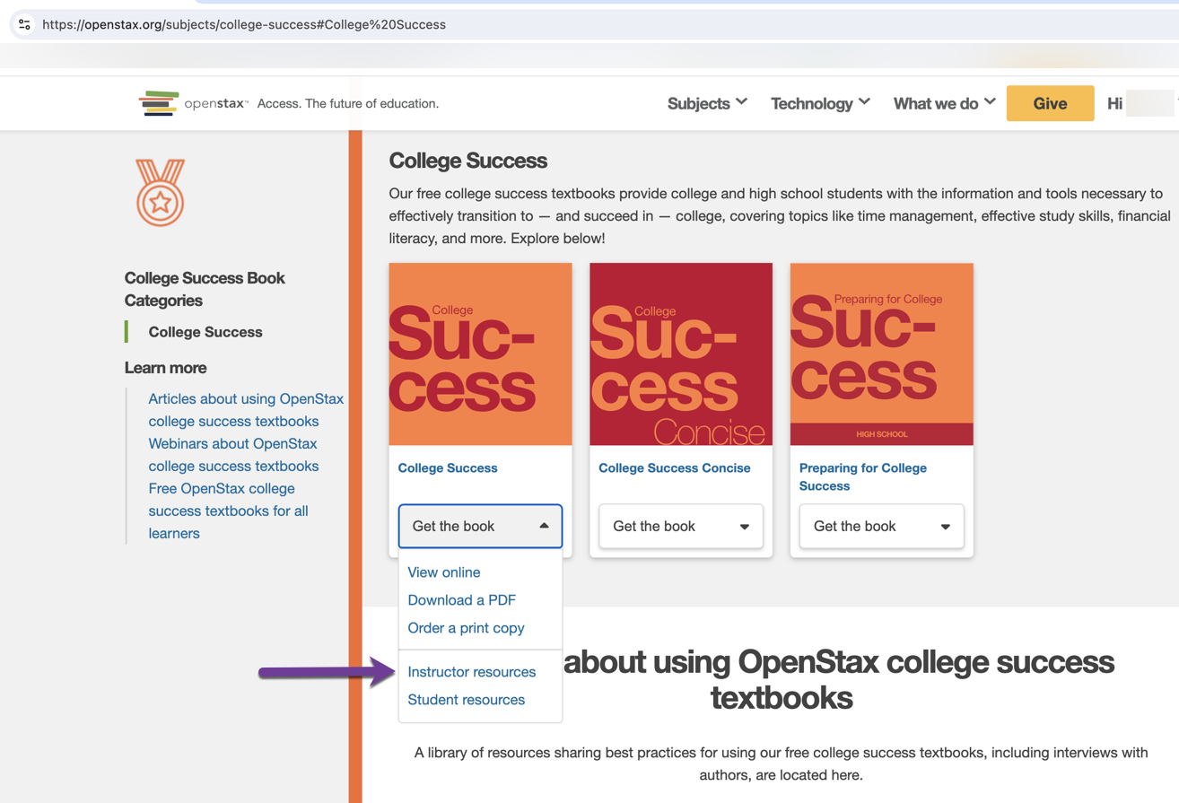 Instructor resources option in College Success dropdown menu