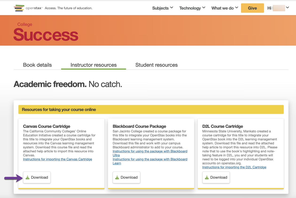 Download button on Canvas Course Cartridge Tile