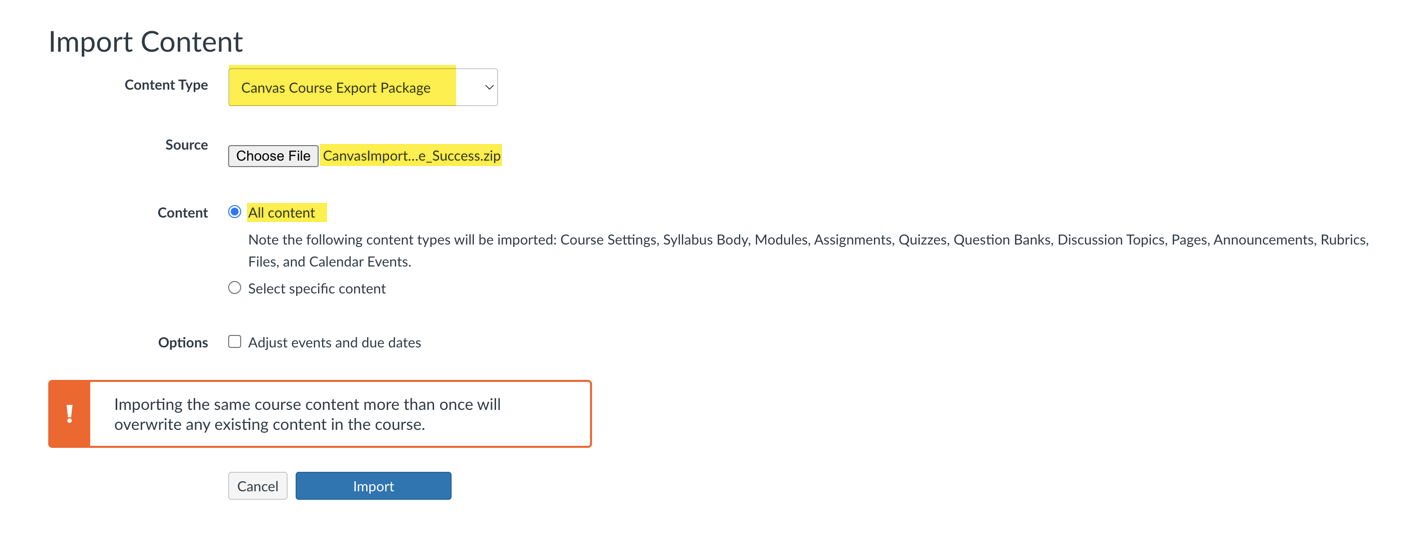 Canvas Export Package, Zip file, All Content