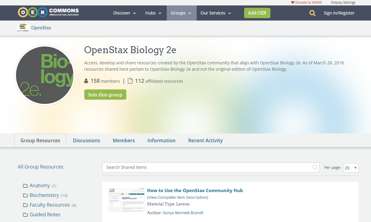 Image shows the OpenStax Biology 2e OER Commons landing page.