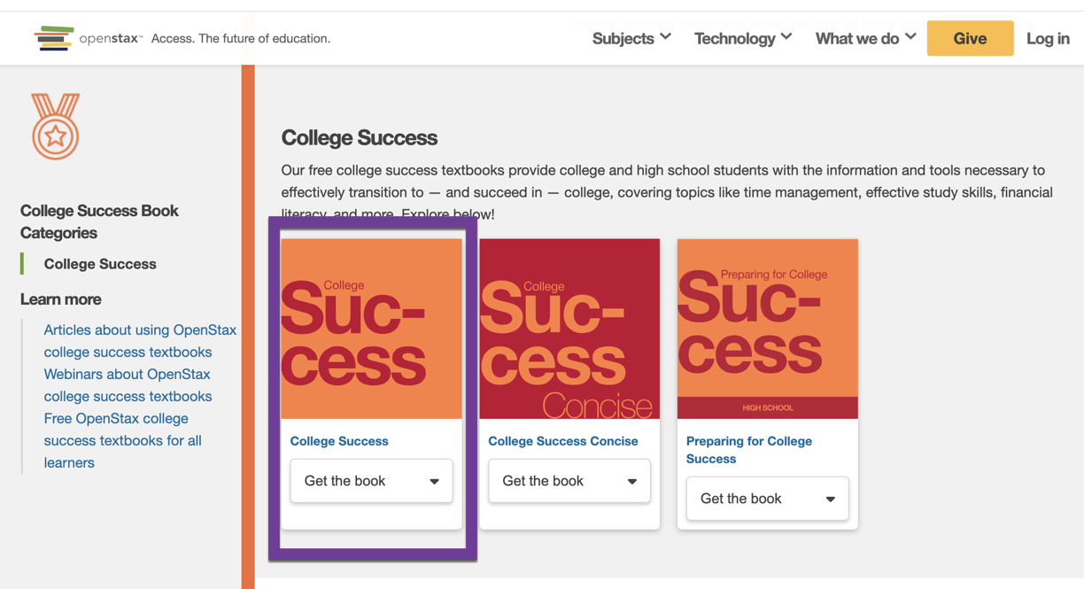 College Success on the Categories page