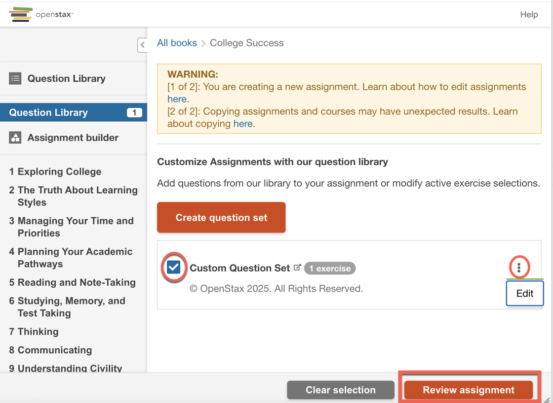Adding and Reviewing Assignment Question Set