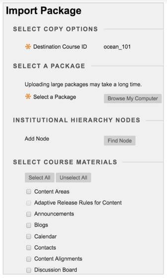 Import Package Menu