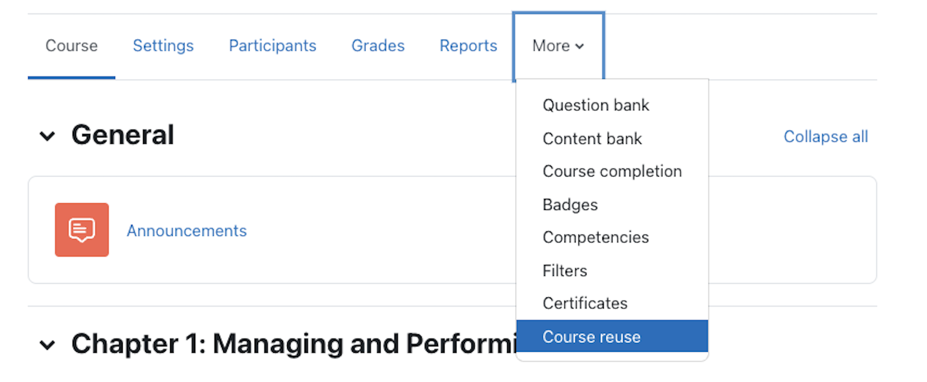Moodle course page showing the More menu and Course reuse option