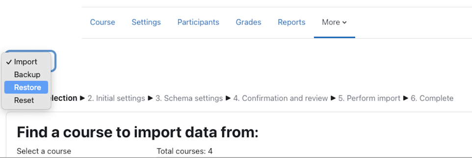 Restore option selected from Course reuse menu in Moodle