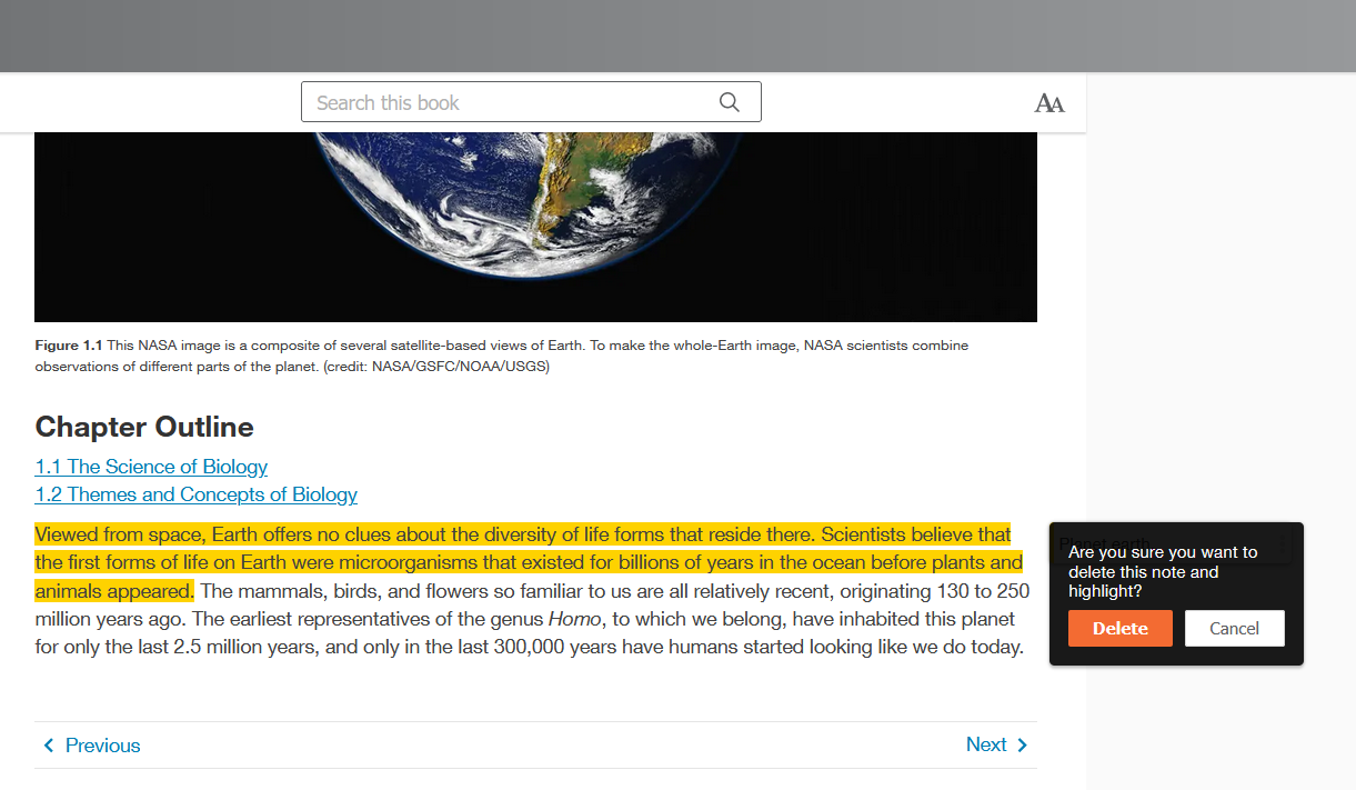 Textbook image showing the orange Delete button to remove this highlight and note