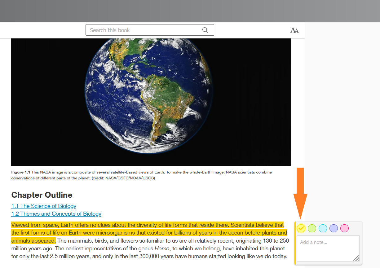 Image of the text showing the highlighted text with a note and select the circle with the check mark in it.
