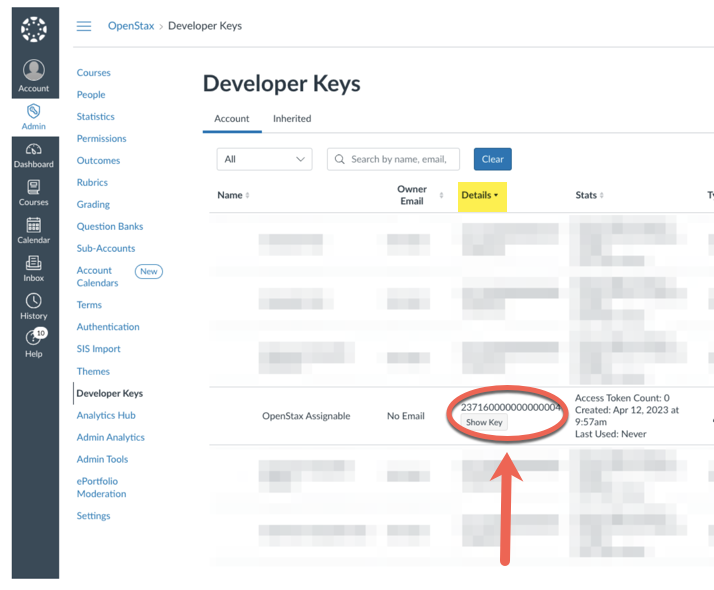 Developer Keys page highlighting the Client ID under the Details column.