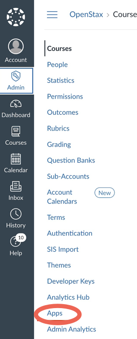 Canvas left navigation bar with the Admin section expanded, showing the path to the Apps page.