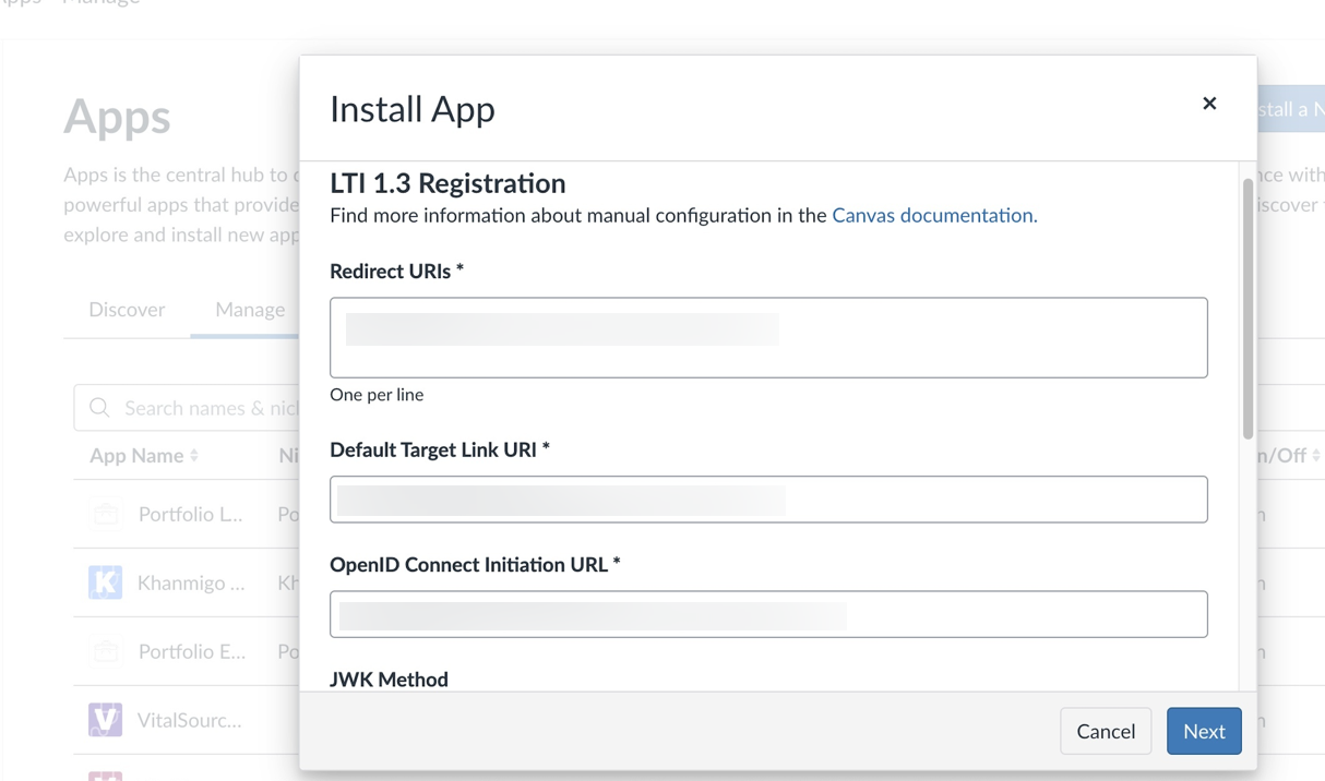 LTI 1.3 Registration screen showing the Redirect URI, Default Target Link URI, and OpenID Connect Initiation URL fields.