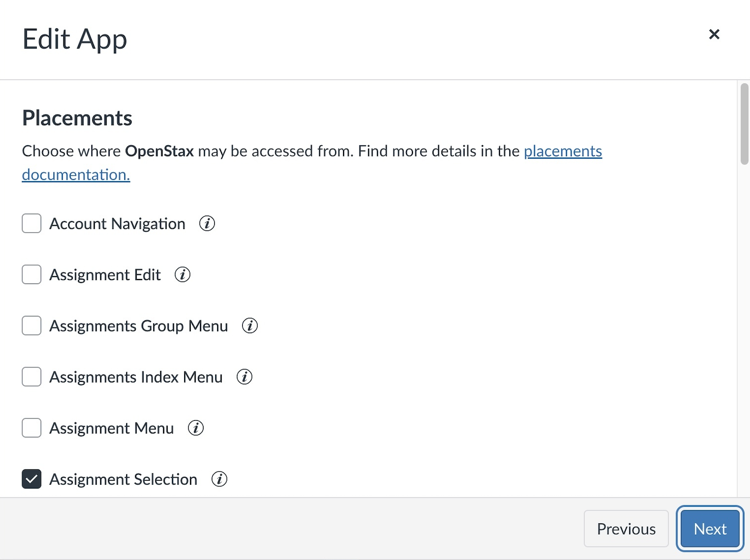 Placements screen with Assignment Selection chosen.