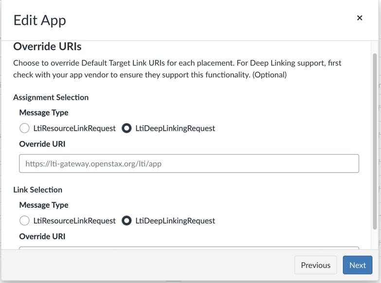Override URIs screen with LtiDeepLinkingRequest selected for Assignment and Link Selection.