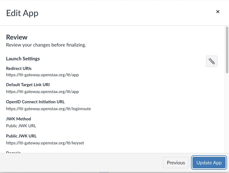 Settings review screen with the Update App button.