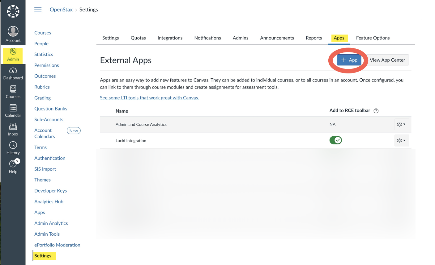 App Configurations page with the + App button highlighted.