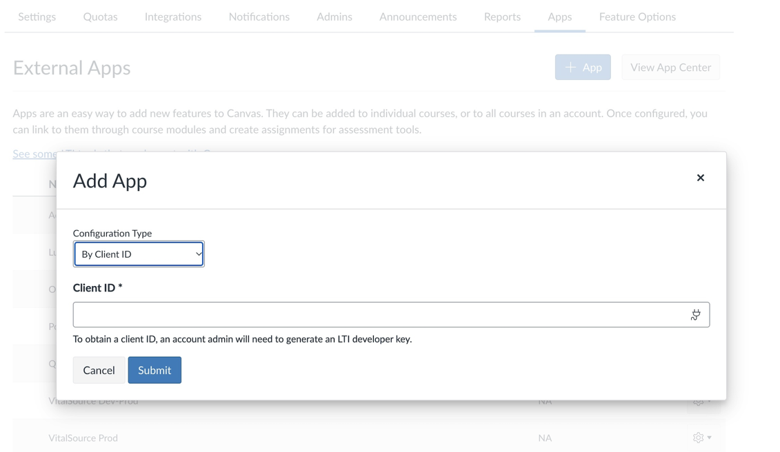 Add App dialog with the Client ID field and Submit button.