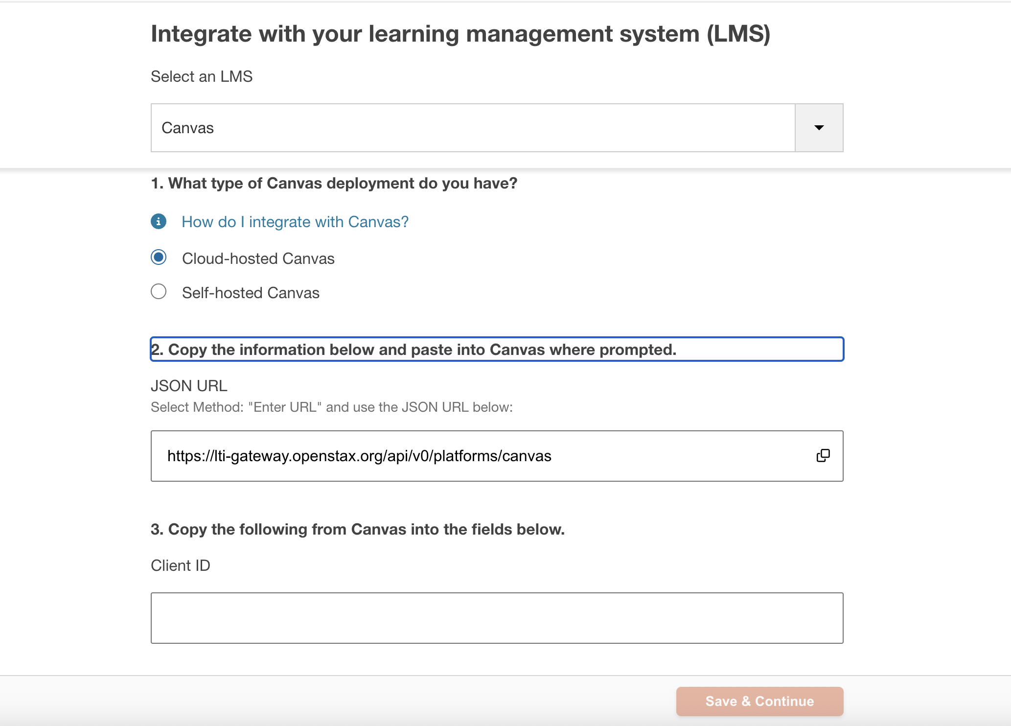 Assignable LMS Integration page with the Client ID field and Save and Continue button.