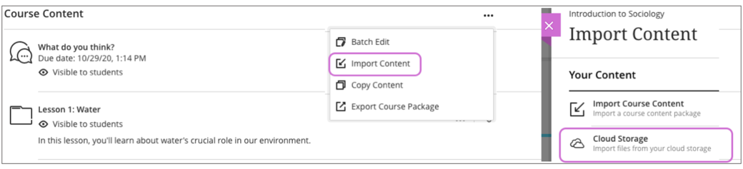 Blackboard Ultra Course Content page showing the Import Content option