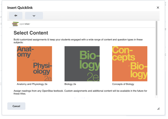 Textbook selection screen showing available OpenStax titles.