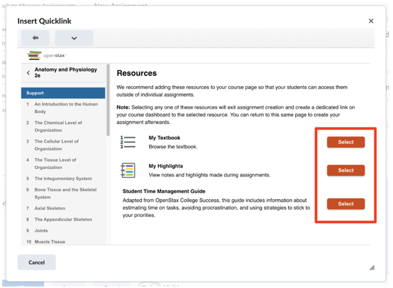 Screens prompting you to add My Textbook and My Highlights as course resources.