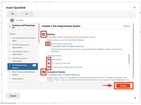 Assignment content selection screen with chapter and section checkboxes and the Create button.
