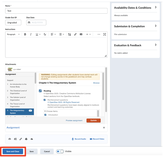 New assignment page showing the created assignment as an attachment with Preview assignment and Save and Close buttons.