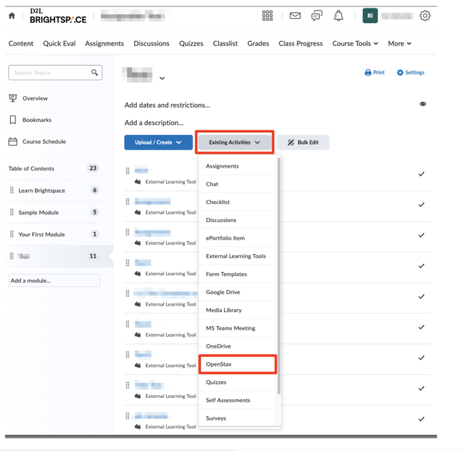 Existing Activities dropdown menu with OpenStax listed as an option.