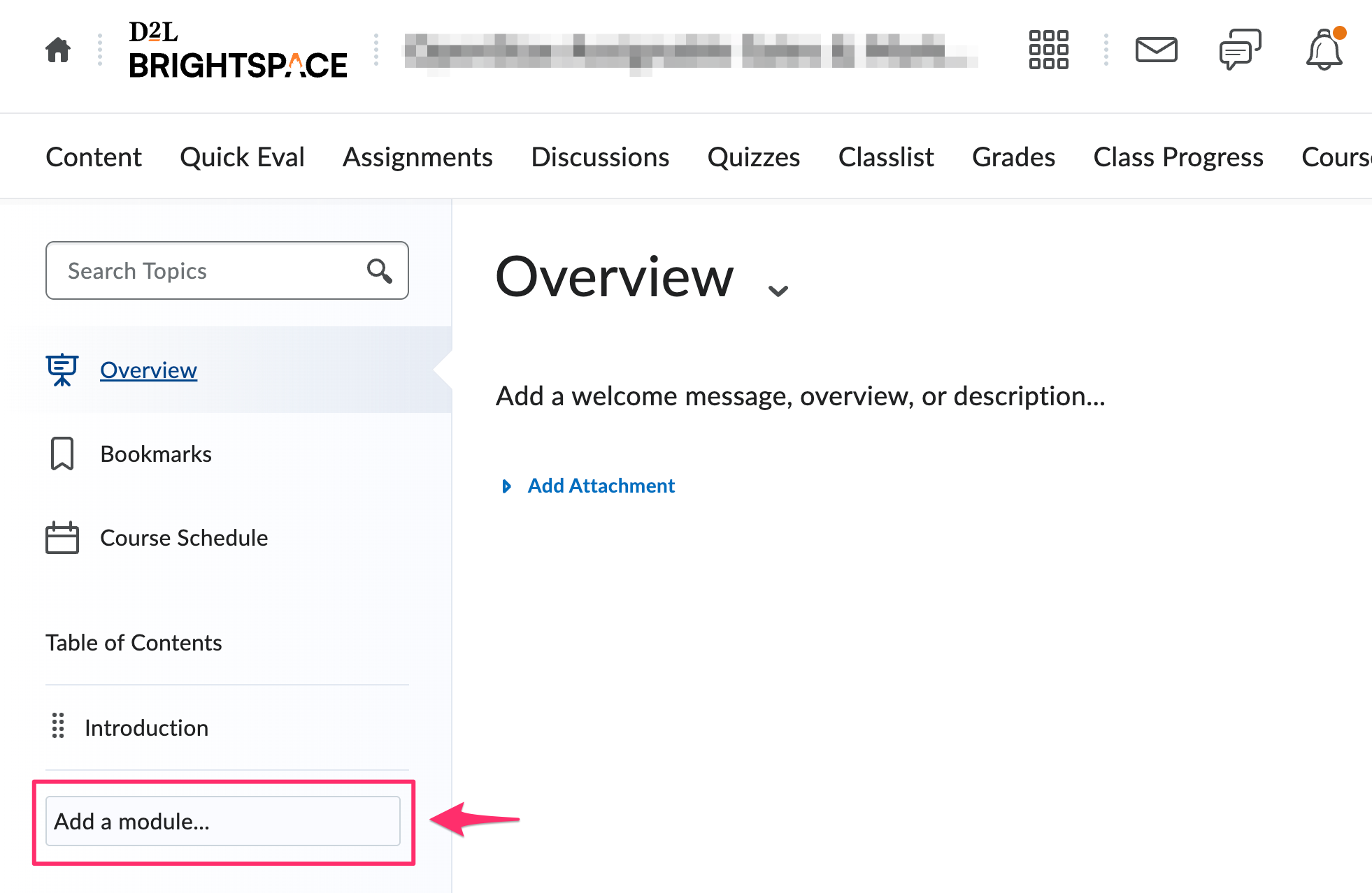 Content area showing how to add a new module.