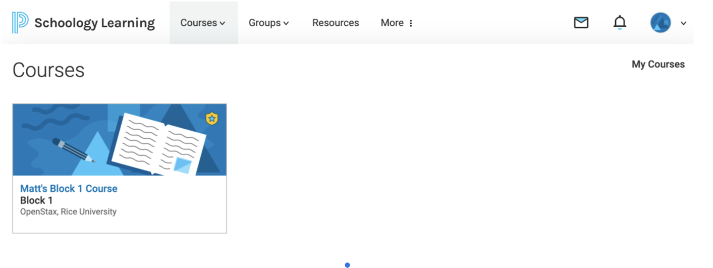 Schoology navigation bar showing the Courses dropdown menu.