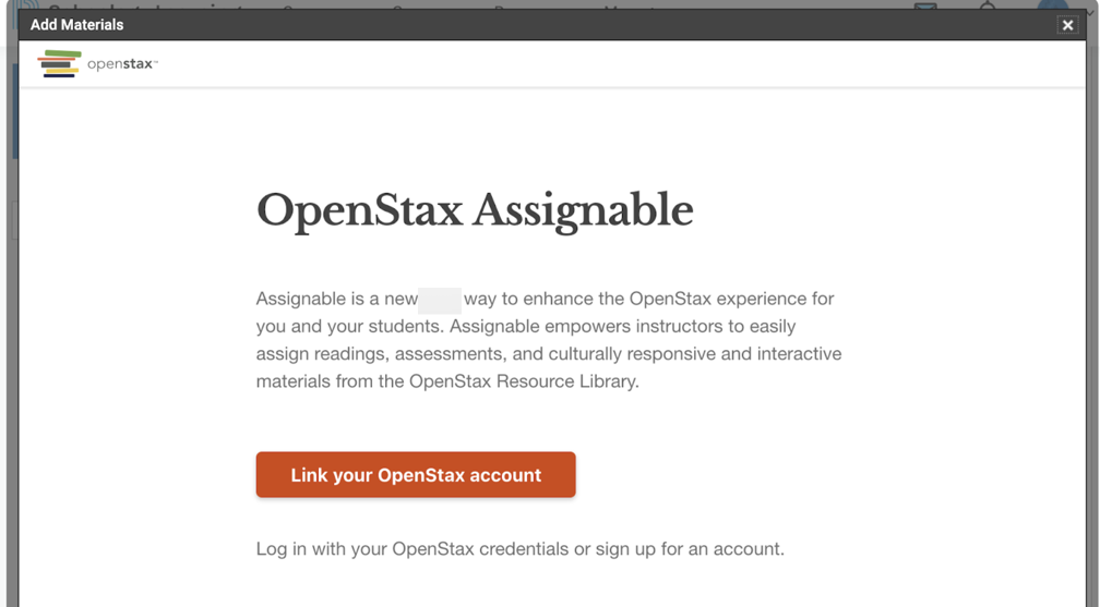 Assignable popup window prompting you to link your OpenStax account.