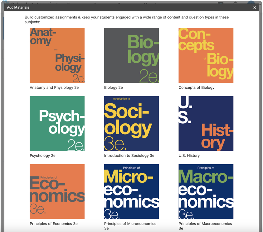 Textbook selection screen showing available OpenStax titles.