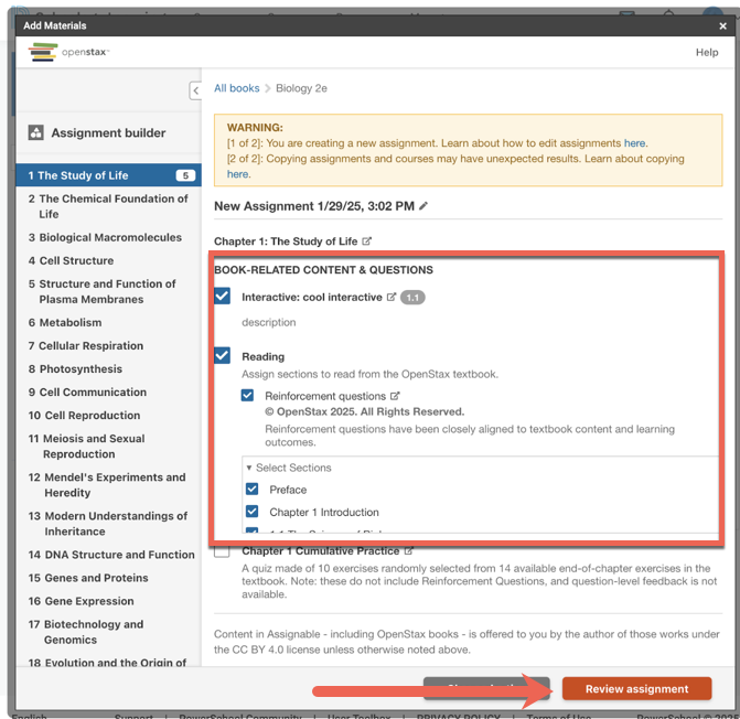 Assignment content selection screen showing chapter list, activity checkboxes, and the Review Assessment button.
