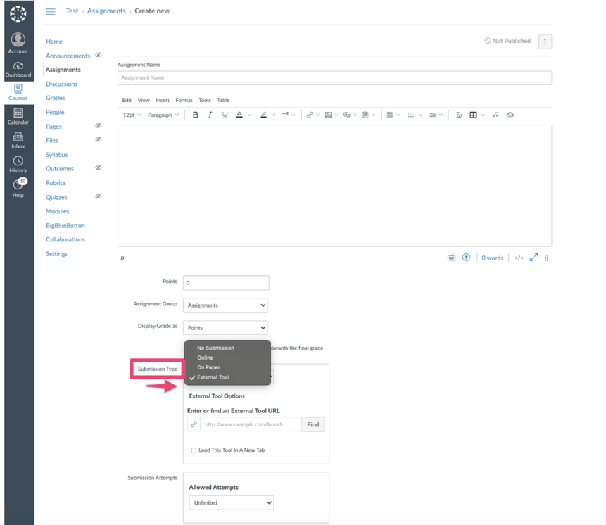 Submission Type set to External Tool
