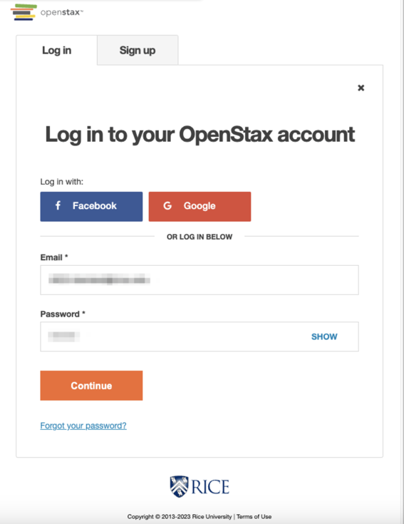 Log in to OpenStax account screen