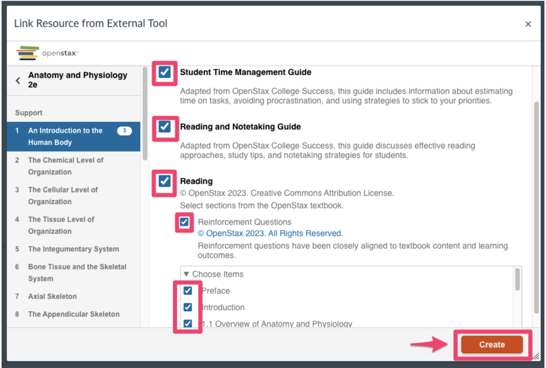 Select chapters, sections, activities and create