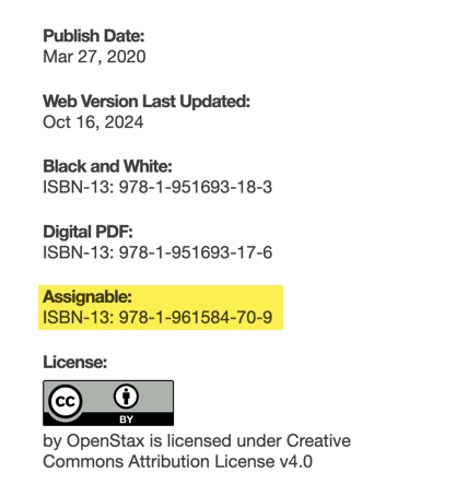 Book details page for College Success showing the Assignable ISBN in the Publication Information section.
