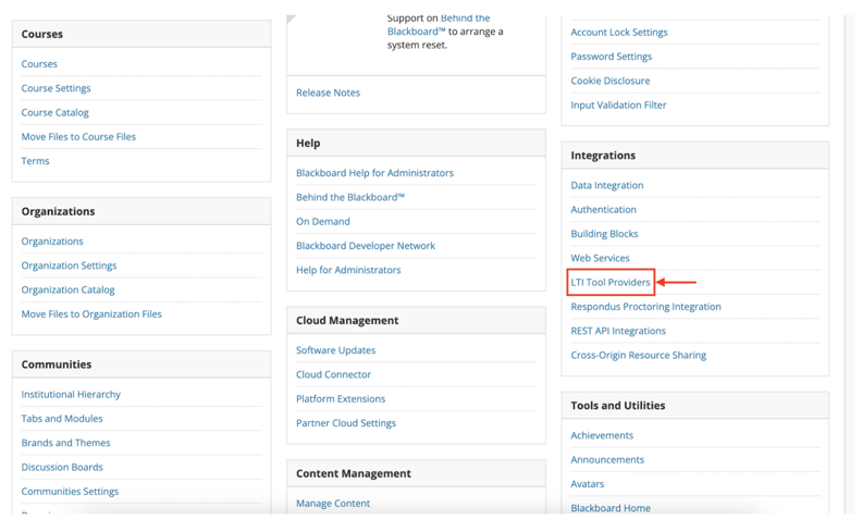 Blackboard Administrator Panel with LTI Tool Providers option highlighted