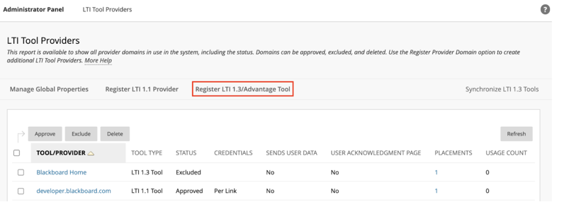 Register LTI 1.3/Advantage Tool button in the Administrator Panel