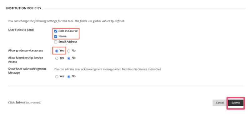 User Fields to Send section with Role in Course and Name selected, and Allow grade services set to Yes