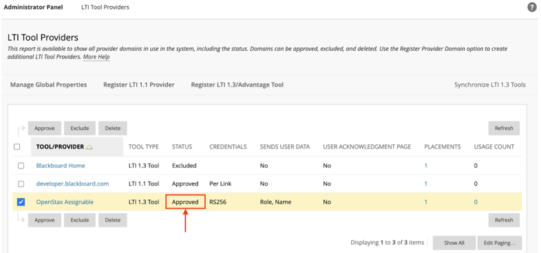Administrator Panel showing OpenStax Assignable with approval status