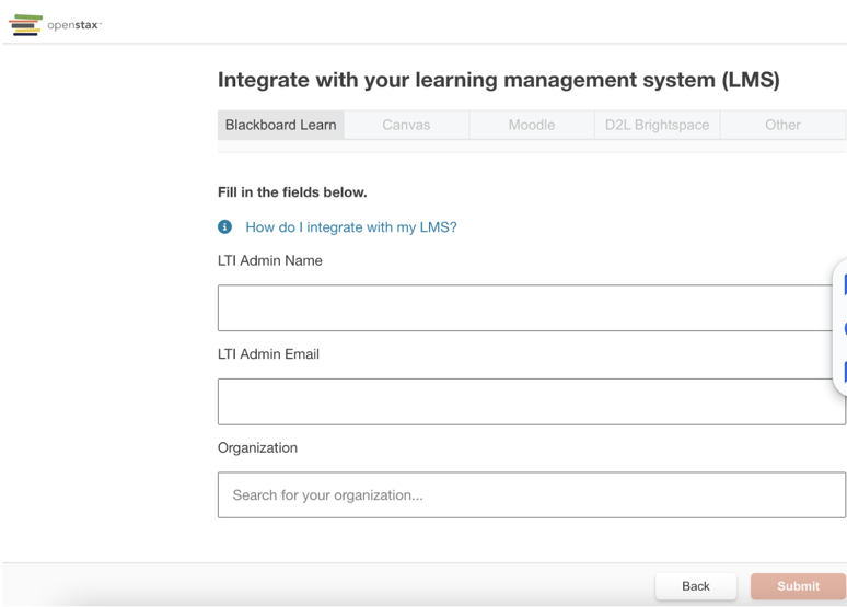 Contact information form with fields for name, email, and institution, and a Submit button