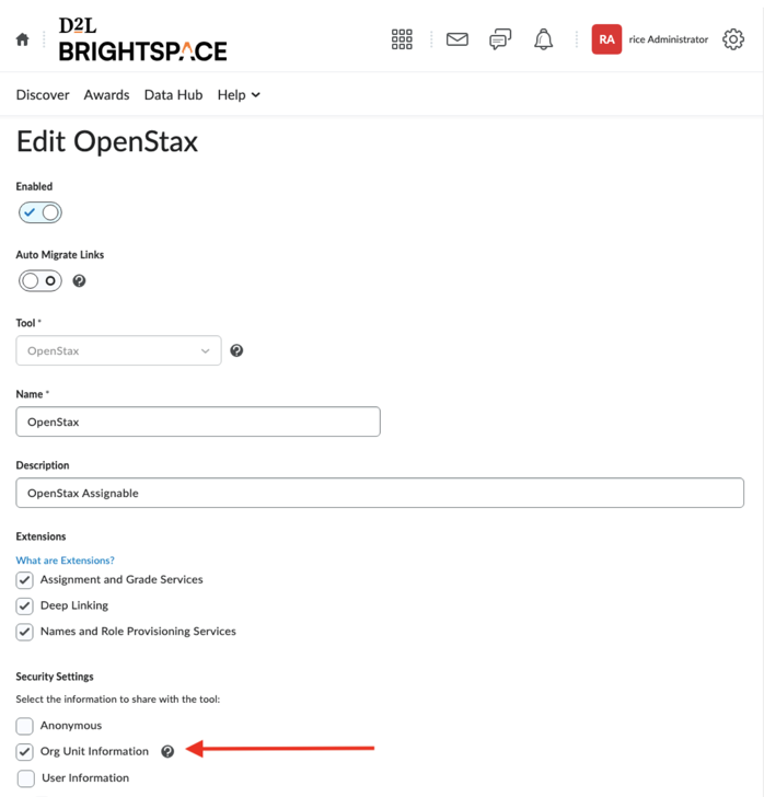 Security Settings with Org Unit Information checkbox selected